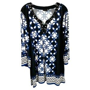 Lavanya Plus Size 2X Tunic Top Geometric Black Blue Beaded V‎ Neck Mature 415